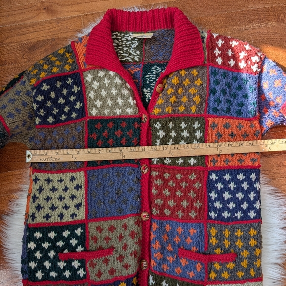 Las Americas Wool Patchwork Knit Cardigan Sweater Jacket Medium Large - Picture 10 of 14
